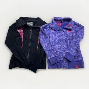 Lot x2 Y2K OXYGEN Skate Snowboards Wom Sz Large Sweatshirt Pullover AOP Full Zip